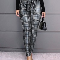 Women'S Black And White Check Tight Trousers - Thumbnail 1