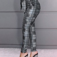 Women'S Black And White Check Tight Trousers - Thumbnail 2