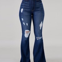 Slim Fashion Ripped Denim Stretch Flared Pants - Thumbnail 1