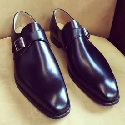 New black single monk strap shoes, handmade leather shoes for men - Thumbnail 2