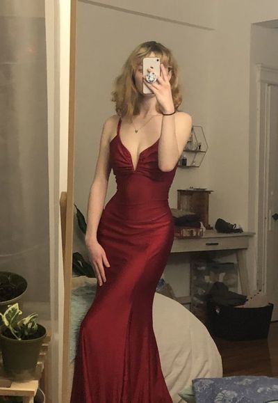 Mermaid V Neck Cross Back Burgundy Satin Long Prom Dresses