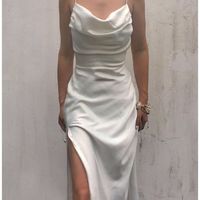 Simple Sheath Cowl Neck White Silk Satin Long Prom Evening Dresses with Slit - Thumbnail 1
