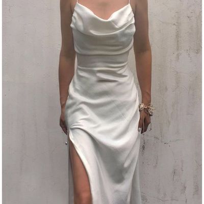 Simple sheath cowl neck white silk satin long prom evening dresses with slit - Thumbnail 2