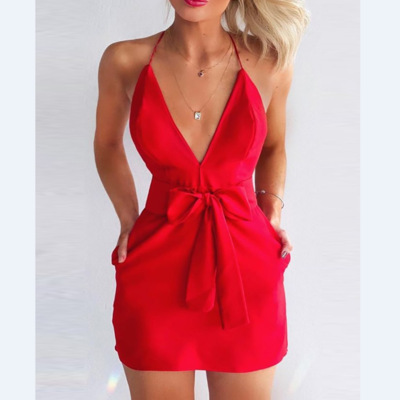 Red deep v-neck sling backless sexy dress - Thumbnail 4