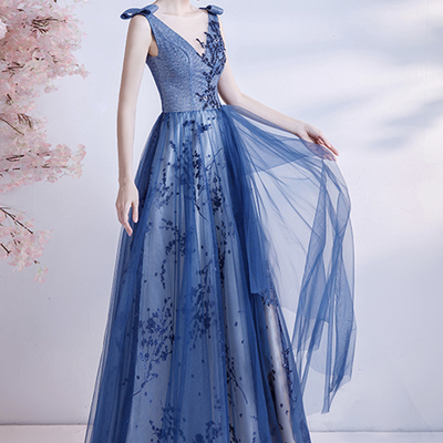 Elegant tulle sequins long a line prom dress evening dress - Thumbnail 4