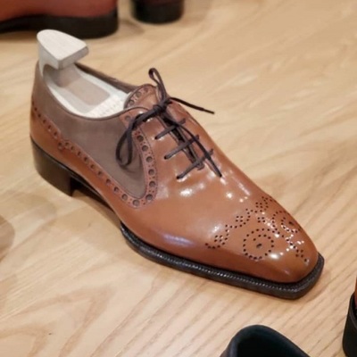 Handmade men's brown leather lace up formal wear shoes - Thumbnail 1