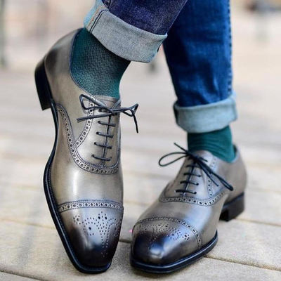 Best hand stitch grey black oxfords brogue lace up dress wear shoes - Thumbnail 2