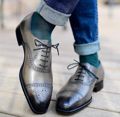 Best Hand Stitch Grey Black Oxfords Brogue Lace Up Dress Wear Shoes