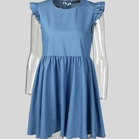Solid Color Round Neck Flounced Dress - Thumbnail 3