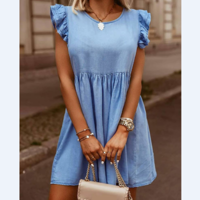 Solid color round neck flounced dress - Thumbnail 3