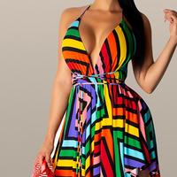 Women Sling V-Neck Printed Irregular Dress - Thumbnail 2