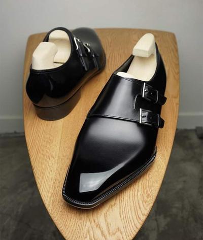 Classic Hand Stitch Black Luxury Double Monk Shoes