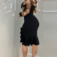 Floral Long-Sleeved Mesh Flounced Tight Dress - Thumbnail 2