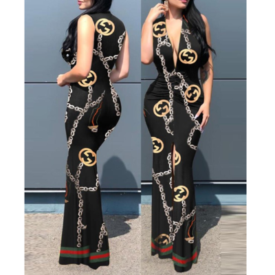 Sexy fashion sleeveless v-neck print stitching dress