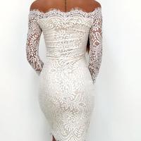 Lace Solid Color One-Neck Long-Sleeved Casual Dress - Thumbnail 1