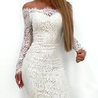 Lace Solid Color One-Neck Long-Sleeved Casual Dress - Thumbnail 2