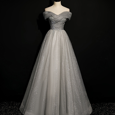 Gray tulle sequins long a line prom dress evening dress - Thumbnail 3