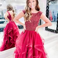 Gorgeous Ball Gown Ruffled Tulle Scoop Neck Rose Red Prom Dresses with Lace - Thumbnail 2