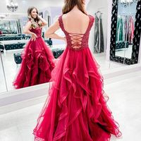 Gorgeous Ball Gown Ruffled Tulle Scoop Neck Rose Red Prom Dresses with Lace - Thumbnail 1