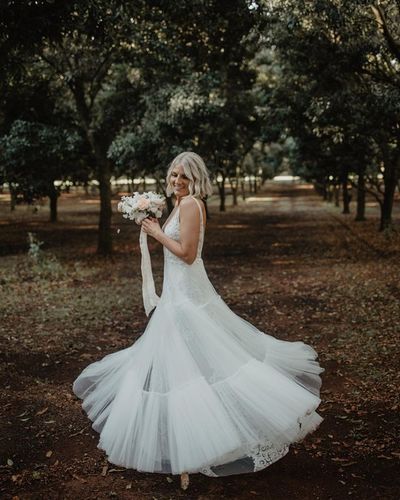 Fairy A Line V Neck Tulle Tiered Wedding Dress with Lace, Boho Beach Bridal Dress