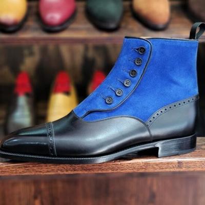 Classic handmade black blue cap toe leather suede button boot