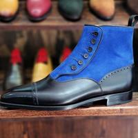 Classic Handmade Black Blue Cap Toe Leather Suede Button Boot - Thumbnail 1