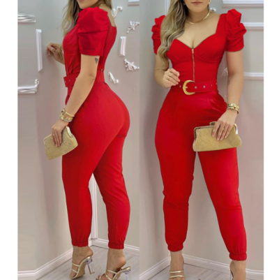 Temperament Red V-Neck Casual Jumpsuit