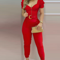 Temperament Red V-Neck Casual Jumpsuit - Thumbnail 2