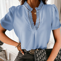 Solid Color Lace Splicing Short-Sleeved Shirt Top - Thumbnail 2