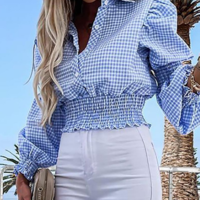 Long Sleeve Chiffon Blue Shirt Top - Thumbnail 2
