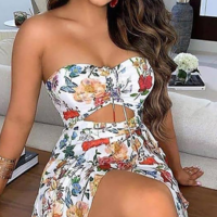 Printed Sexy Sleeveless Split Dress - Thumbnail 1