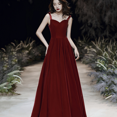 Burgundy velvet long a line prom dress evening dress - Thumbnail 3