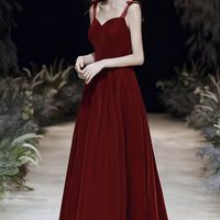 Burgundy velvet long A line prom dress evening dress - Thumbnail 3