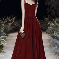 Burgundy velvet long A line prom dress evening dress - Thumbnail 4