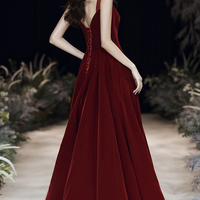 Burgundy velvet long A line prom dress evening dress - Thumbnail 5