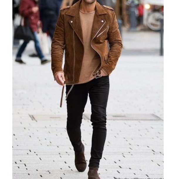 Mens Tan Brown Suede Biker Jacket, Men Brown Biker Suede Leather Jacket