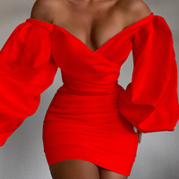 Sexy V-Neck High Waist Long Sleeve Off-Shoulder Bag Hip Dress - Thumbnail 1