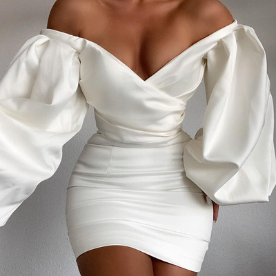 Sexy V-Neck High Waist Long Sleeve Off-Shoulder Bag Hip Dress