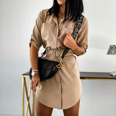 Long-Sleeved Temperament Solid Color Button High-Waist Dress