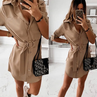 Long-Sleeved Temperament Solid Color Button High-Waist Dress - Thumbnail 1