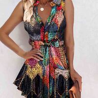 Printed V-Neck Sleeveless Casual Dress - Thumbnail 1