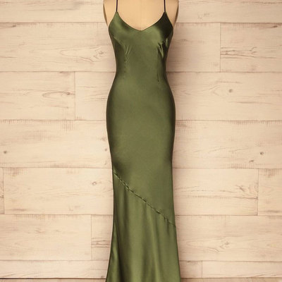 Spaghetti straps olive green sheath prom dresses，455