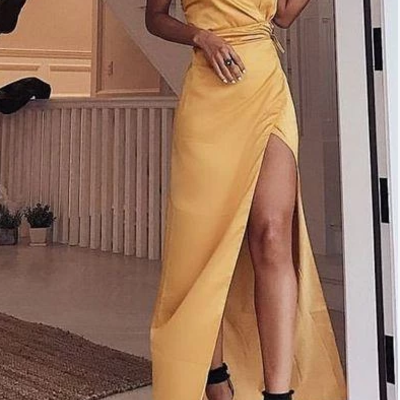 Spaghetti straps yellow long prom dresses ,sexy v neck prom dress with side split,456 - Thumbnail 4