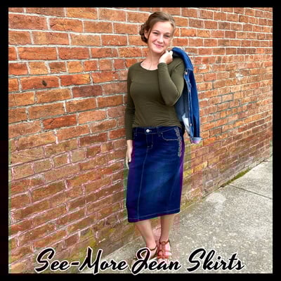 Riley rhinestone mid length dark wash denim skirt