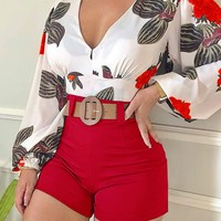 Women Floral Print Long Sleeve V-Neck Casual Two-Piece Set - Thumbnail 3