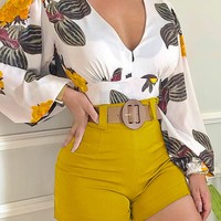Women Floral Print Long Sleeve V-Neck Casual Two-Piece Set - Thumbnail 4