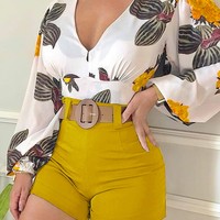 Women Floral Print Long Sleeve V-Neck Casual Two-Piece Set - Thumbnail 5