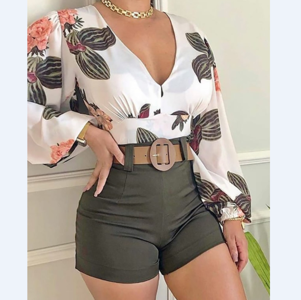 Women Floral Print Long Sleeve V-Neck Casual Two-Piece Set