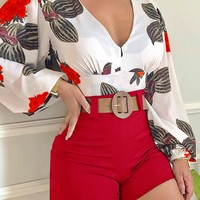 Women Floral Print Long Sleeve V-Neck Casual Two-Piece Set - Thumbnail 6