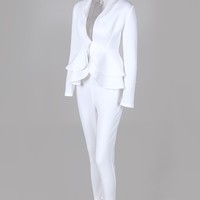 Solid Color White Flounced Long Sleeve Two-Piece Set - Thumbnail 4